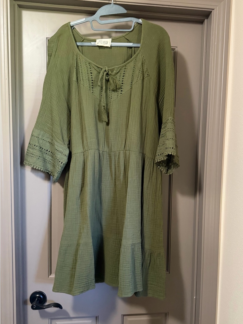 Olive Green Muslin Mini Dress with Tie Neck plus size 2X 3X